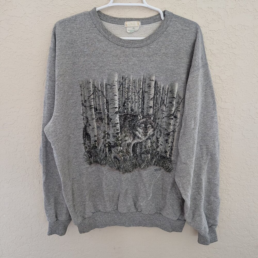 Vintage Northern Elements Wolf Winter Crew Neck Sweater Distressed 90s